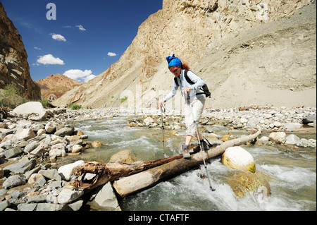 Frau Kreuzung Fluß auf einem Baumstamm, Abfahrt vom Yangtang bis Rizong, Ladakh, Jammu und Kaschmir, Indien Stockfoto