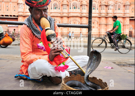 Snake Charmer mit Palast der Winde im Hintergrund, Palast der Winde, Hawa Mahal, Jaipur, Rajasthan, Indien Stockfoto