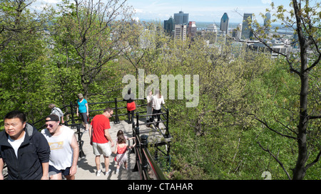 Aussichtsplattform über der Stadt von Montreal durch hohen Frühling Laub der Mont-Royal Park Montreal Quebec Kanada KATHY DEWITT Stockfoto