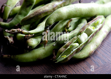 Nahaufnahme Bild mit offenen Pod von selbst angebauten organische Bohnen Stockfoto