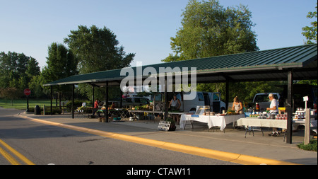 Bauern und Kaufleute ihre waren in den frühen Morgenstunden am Bauernhof-Markthalle in Montague, MI, USA aufgebaut Stockfoto