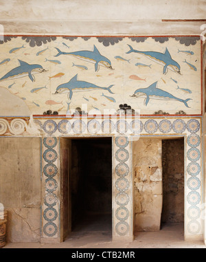 Delphin-Fresken in der Königin Megaron, Palast von Knossos, Knossos, Kreta, Griechenland Stockfoto