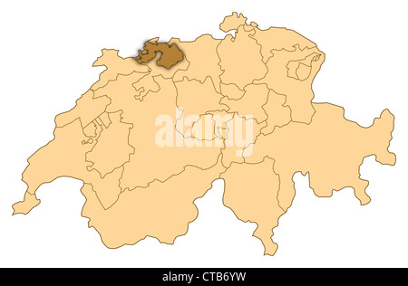 Karte der Schweiz, wo Basel-Landschaft markiert ist. Stockfoto