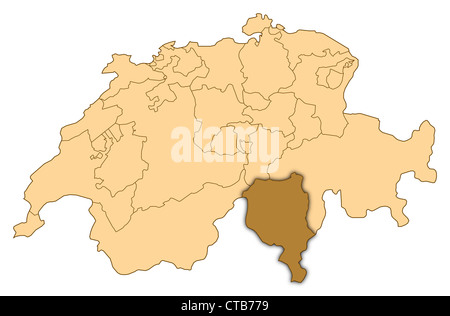 Karte der Schweiz, wo Ticino markiert ist. Stockfoto