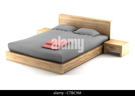 braune Holzbett isoliert auf weißem Hintergrund Stockfoto