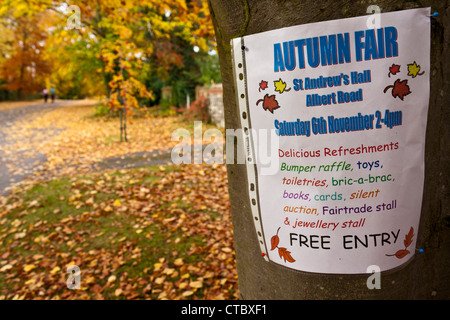 Ein Hinweis auf einen Baum kündigt eine Herbstmesse vor dem Hintergrund der Blätter fallen. Stockfoto