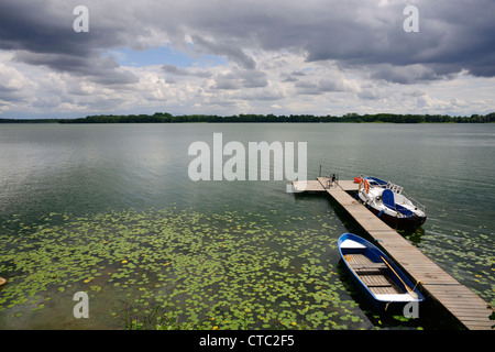 Pier mit kleinen Booten am Schweriner See Stockfoto