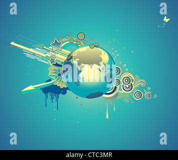 Vektor-Illustration von funky abstrakten Hintergrund mit Globe, Blumen, Pfeile und Kreise Stockfoto