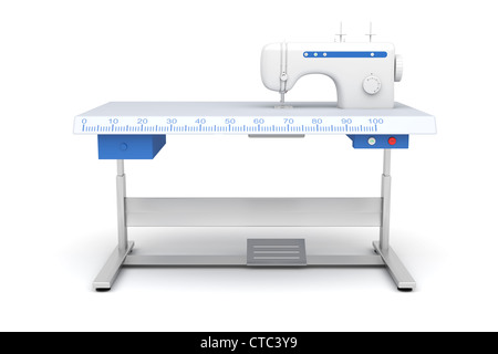 Vorderansicht des Industrienähmaschine auf weißem Hintergrund Stockfoto