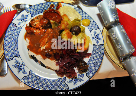 Traditionelle Türkei Weihnachtsessen mit Rosenkohl, Rotkohl, Soße-Brot-sauce Stockfoto