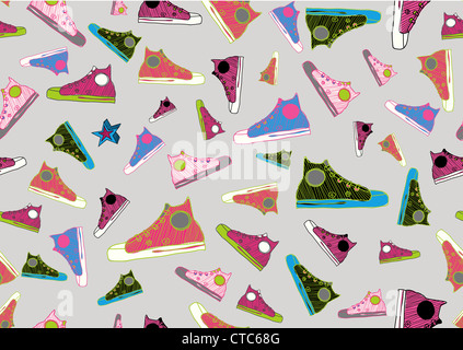 Retro-nahtlose Muster aus coolen handgezeichneten Sportschuhe in verschiedenen Farben. Vektor-illustration Stockfoto