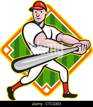 Comic-Illustration ein Baseball-Spieler mit Fledermaus Wimper Vorderseite mit Diamant im Hintergrund. Stockfoto