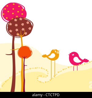 Vektor-Illustration von blumigen Retrodesign Grußkarte mit zwei Retro-Stil-Vögel Stockfoto
