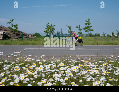 Lady Fahrrad Touren entlang einer französischen Straße Stockfoto