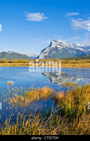 Mount Rundle erhebt sich über Banff Township von Vermillion Seen fahren Banff Nationalpark Kanada Nordamerika Alberta Stockfoto