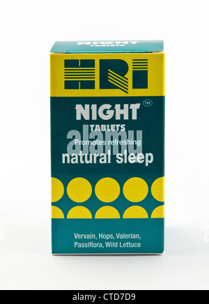 HRI Nacht Tabletten. Pflanzliche Schlafmittel mit Eisenkraut, Hopfen, Baldrian, Passiflora und Lattich Stockfoto