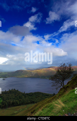 Stürmische Ansicht Walla Crag fiel Derwentwater von Cat Glocken fielen, Keswick Stadt, Nationalpark Lake District, Cumbria, England Stockfoto