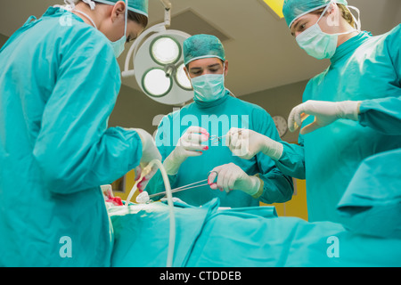 Blick auf ein Pfleger mit einer Schere zu einem Chirurgen Stockfoto