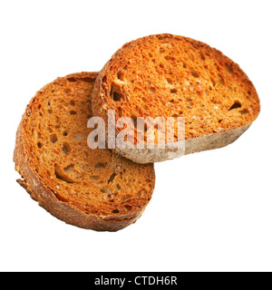 Zwei Scheiben Vollkorn Toast, keine Butter, isoliert auf weiss, Schneidepfad enthalten. Stockfoto