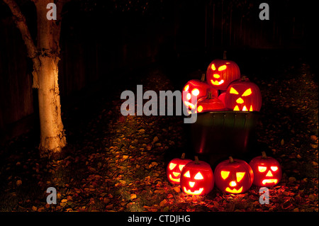 Geschnitzte Kürbisse beleuchtet in einer Schubkarre mit Herbstlaub auf Hinterhof Rasen in der Dämmerung. Stockfoto