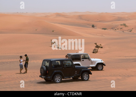 Vierradantrieb und Dromedare Kamele (Camelus Dromedarius) in den Dünen der Wüste Sand, Dubai, Vereinigte Arabische Emirate Stockfoto