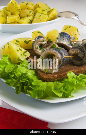 Marinierter Hering (Clupea Harengus) mit Petersilienkartoffeln Stockfoto