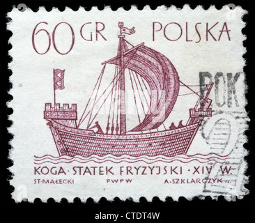 Polen - ca. 1950er Jahre: Ein Vintage Briefmarke gedruckt in Polen zeigt ein Vintage Schiff ca. 1950er Jahre Stockfoto