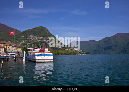 Pleasure boat in sunshine, city of Lugano, Lake Lugano, Ticino, Switzerland, Europe Stockfoto