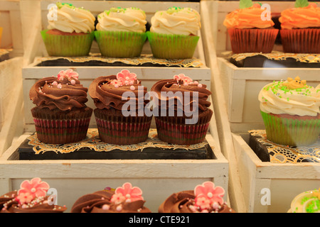 Eine Anzeige der hübschen Cupcakes in einem Schaufenster Stockfoto