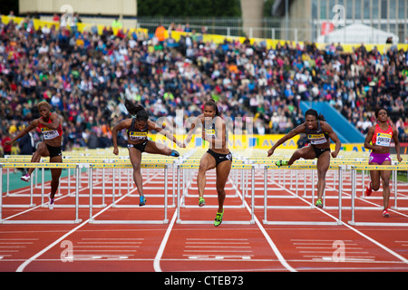 Frauen 100m Hürden Runde 1 Heat 1, AVIVA London Leichtathletik-Grand-Prix Stockfoto