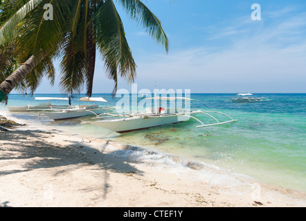 traditionelle philippinische Bangkas an einem Strand in Alona, Bohol Stockfoto