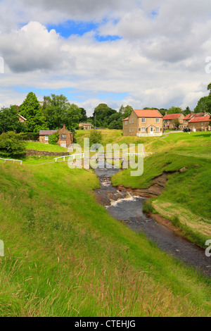 Hutton-le-Hole Dorf grün und Beck, North Yorkshire, North York Moors National Park, England, UK. Stockfoto