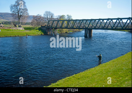 Lachs Angler auf den schottischen River Spey im Frühjahr bei Cromdale.  SCO 8235 Stockfoto