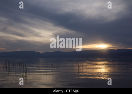 Blick über den Neuenburger See bei Sonnenuntergang Stockfoto