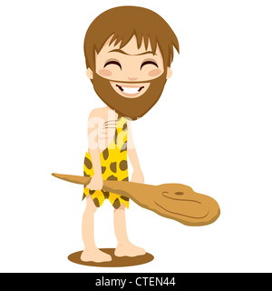 Niedliche glücklich Höhlenmensch lächelnd und hielt einen Holzknüppel mit seiner Hand isoliert auf weiss Stockfoto