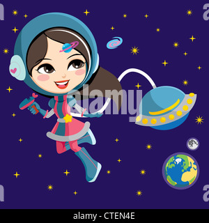 Hübsche Astronaut Mädchenmode Spiegelträger aus ihrem fliegenden Schiff umkreist die Erde Stockfoto