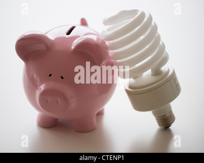 Stillleben mit Sparschwein und Energie effiziente Glühbirne Stockfoto