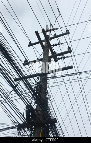 Stock Foto - chaotisch alten Strom-Post von der Straße mit Linie Stromkabel, Transformatoren und Telefonleitungen (blauer Himmel im Hintergrund) Stockfoto