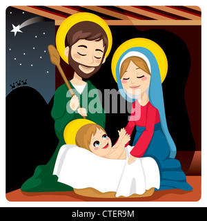 Josef und Maria fröhlich mit baby Jesus Lachen und drei weisen Könige am Horizont nach den Stern von Bethlehem Stockfoto