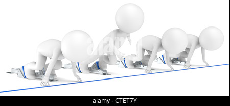 3D wenig menschlichen Charakter die Athleten X4 an den Start-Block. Blau. Menschen-Sport-Serie. Stockfoto