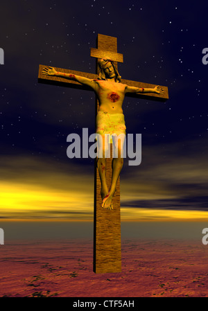 Jesus Christus am Kreuz an einem einsamen Ort bei Nacht Stockfoto