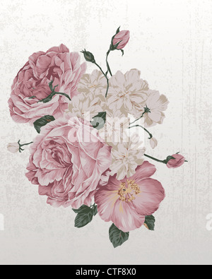 Illustration von Vintage-alte Rosen-Grunge-Papier-Hintergrund mit Rosen Stockfoto