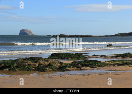 Ansicht des Strandes, der Gezeiten, in North Berwick über Wellen auf dem Bass Rock schauen Stockfoto