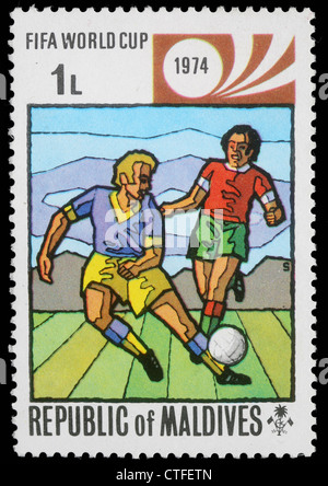 Malediven - CIRCA 1974: Briefmarke gedruckt von Malediven, zeigt Fifa World Cup, ca. 1974 Stockfoto