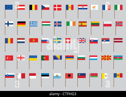 Satz von europäischen Flaggen am Fahnenmast Abbildung Stockfoto
