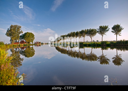 Die Niederlande, Zuid Beemster Beemster Polder, Farm hinter Deich des Kanals, das Wasser zum Meer transportiert. Stockfoto