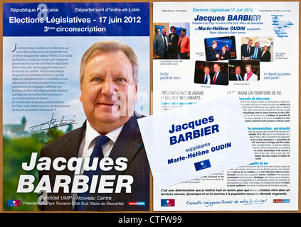 Französische nationale Wahlplakate und Flyer für Jacques Barbier (UMP - Center Rechtsextremismus) - Indre-et-Loire, Frankreich. Stockfoto