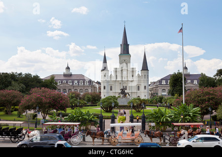 Pferd und Wagen Anbieter Line-up auf Decatur Straße vor Jackson Square im French Quarter von New Orleans, LA Stockfoto