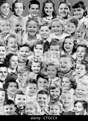 1950ER JAHRE COLLAGE MONTAGE LÄCHELNDEN JUNGEN UND MÄDCHEN VIELE KOPF-PORTRAITS-STUDIO Stockfoto