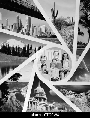 1960ER JAHREN MONTAGE PORTRÄT DER FAMILIE VATER MUTTER SOHN TOCHTER SUN BURST MUSTER DER USA URLAUB REISEZIELE Stockfoto